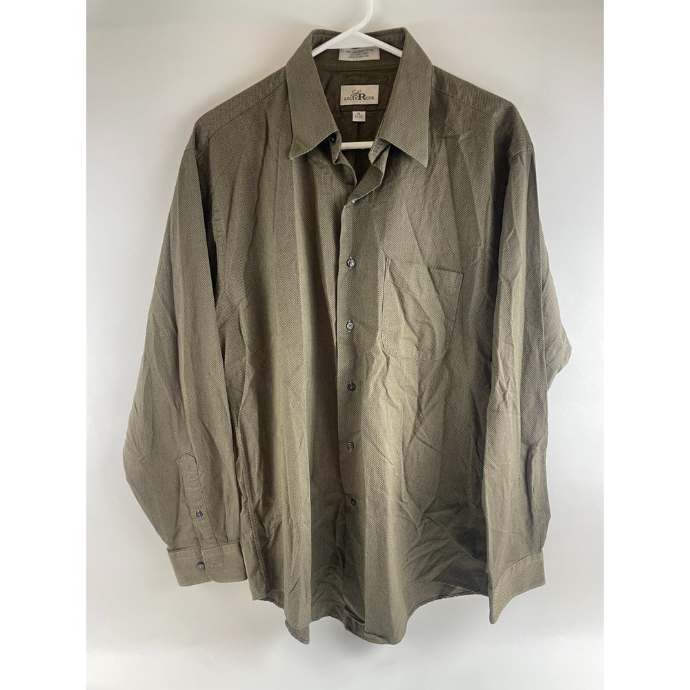 Louis Roth Shirt Men's Size 16 34/35 Green Brown Button Up Long Sleeve Pocket